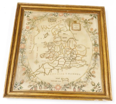 A George III silk work map of England and Wales, by Elizabeth Condon, aged 10 years, done at Sileby School, AD 1813, showing a map of England and Wales divided into its counties, in a surround of flowers, 53.5cm x 51cm. - 2