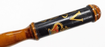 A Victorian boxwood police staff, of three section form, with brass screw fittings, the handle ebonised and gilt decorated with the Victorian crown and cypher, 93cm high. - 3