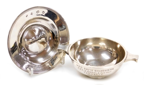 An Elizabeth II Scottish silver quaich, of plain form with presentation inscription 'W. O. II David Shakespeare P. S. I. R. Signals Sub-Unit E & H. W. U. O. T. C. 1967-1969', Edinburgh 1961, 12cm wide, and a silver dish with presentation inscription 'To C