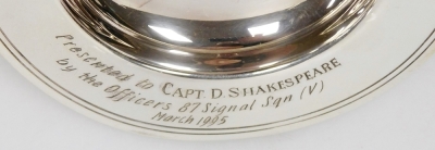 An Elizabeth II Scottish silver quaich, of plain form with presentation inscription 'W. O. II David Shakespeare P. S. I. R. Signals Sub-Unit E & H. W. U. O. T. C. 1967-1969', Edinburgh 1961, 12cm wide, and a silver dish with presentation inscription 'To C - 4