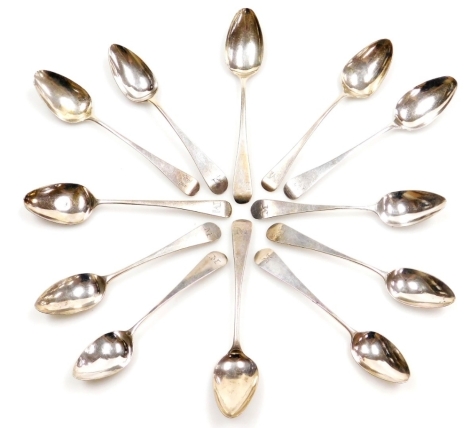 Two sets of six George III silver Old English pattern teaspoons, each bearing initials, dates for London 1789 and 1796, 4.72oz.