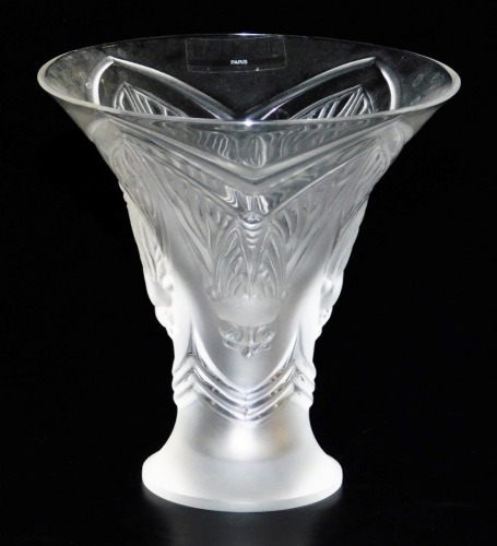 A Lalique clear and frosted glass vase, of flared form, decorated with a band of insects, etched mark, bears label, 10cm high.