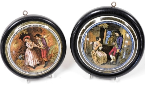 Two Prattware pot lids, framed, comprising No: By Heaven I Exclaim'd May I Perish, and I Consent She Replied If You Promised, each 12cm diameter.