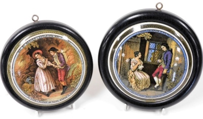 Two Prattware pot lids, framed, comprising No: By Heaven I Exclaim'd May I Perish, and I Consent She Replied If You Promised, each 12cm diameter.