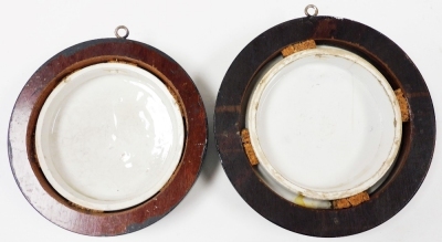 Two Prattware pot lids, framed, comprising No: By Heaven I Exclaim'd May I Perish, and I Consent She Replied If You Promised, each 12cm diameter. - 2