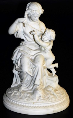 A late 19thC James and Thomas Bevington parian figure group, modelled as a Roman lady seated with a putto, on an oval naturalistic base, impress marks, 39cm high. (AF)