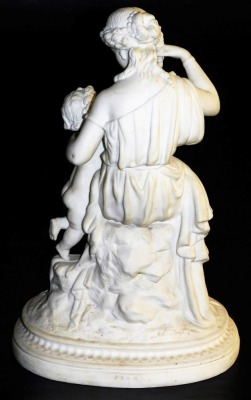 A late 19thC James and Thomas Bevington parian figure group, modelled as a Roman lady seated with a putto, on an oval naturalistic base, impress marks, 39cm high. (AF) - 2