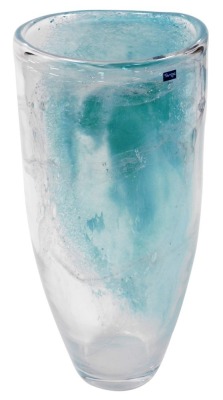 A Kristina Svaga Bobs cut glass vase, of irregular tapering form, decorated in turquoise and white swirls, bears label, 41cm high.