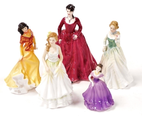 Three Royal Doulton figures, comprising Linda HN3879, Anita HN3766, and Grace HN3699, together with a Coalport figure modelled as La Divina, and a Valentine Debutante figure modelled as Eternity. (5)