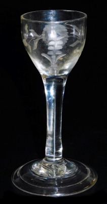 A Georgian wine glass, possibly of Jacobean Rebellion significance, the bowl engraved with floral motifs, raised on a plain stem and conical folded foot, 14cm high. - 2