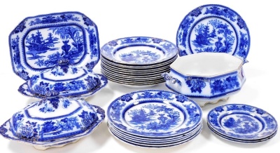 A late 19thC Burgess and Leigh pottery part dinner service decorated in the Lahore pattern, comprising a pair of vegetable tureens and cover, meat platter, twin handled open dish, seven dinner, twelve soup and three side plates.