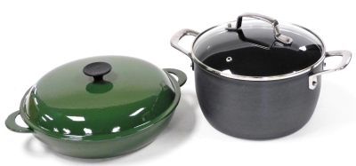 A Le Creuset green enamel paella pan and cover, together with a Tefal Jamie Oliver casserole dish and cover. (2)