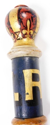 A Victorian turned wooden truncheon, painted with V. R cypher against a blue ground, with a crown knop, 39cm wide. - 2