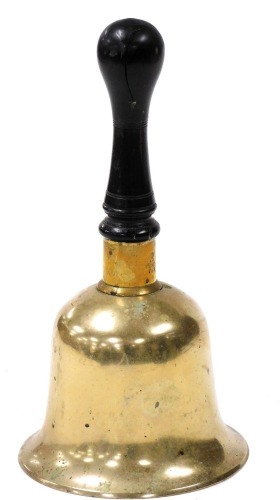 A Victorian brass bell, with a turned ebonised handle, bears registration lozenge and initials JE, 29.5cm high.