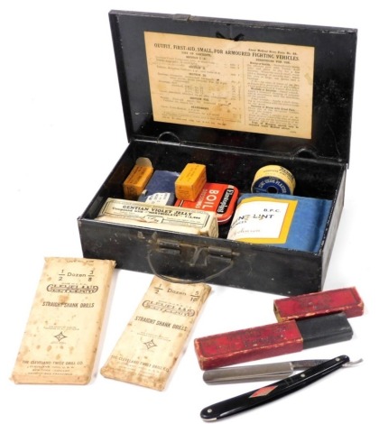 An early 20thC Army medical first aid outfit, number 4A, with contents, together with two packs of Cleveland Twist Drill Company straight shank drills, ½-3/8 dozens and ½-5/16 dozen, and an Oxford razor, cased.