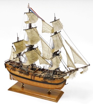 A wooden scale model of the Endeavour, a three masted sailing vessel, raised on a wooden stand with plinth, model number 140, 60cm wide. - 2