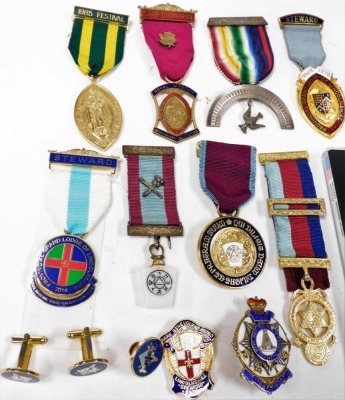 A group of Masonic memorabilia, including silver and base metal jewels, pair of cufflinks, and a Decca CD of Mozart Masonic music, together with a plated tankard and a plated Viners match holder. (a quantity) - 2