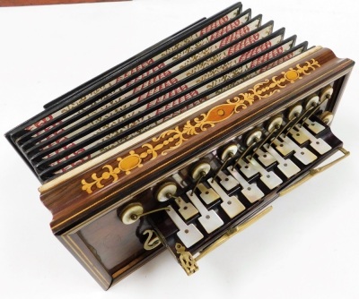 A 19thC French Flutina accordion, by Busson, Paris, with inlaid rosewood case, printed paper bellows and mother of pearl keys, boxed, 30.5cm wide, together with photographs of the same. - 2