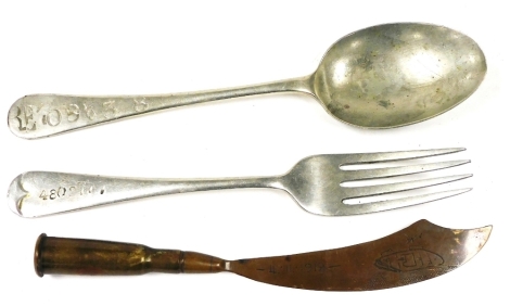 Two items of World War I plated cutlery, comprising a fork number 4802777, and a spoon numbered RE'08?38, and a trench art knife, the handle formed as a bullet case, blade stipple engraved with a tank and the date for 4:11:1918.