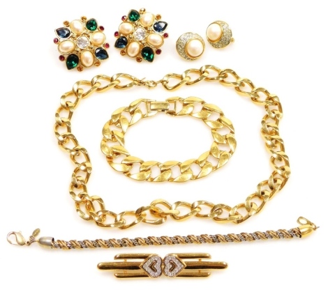 A group of Monet costume jewellery, including a curb link necklace and bracelet, pair of paste and simulated pearl clip earrings, further pair of earrings, and a brooch. (a quantity)