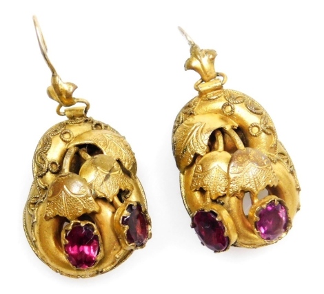 A pair of Victorian foiled metal and red paste set earrings, in a leaf and berry design.