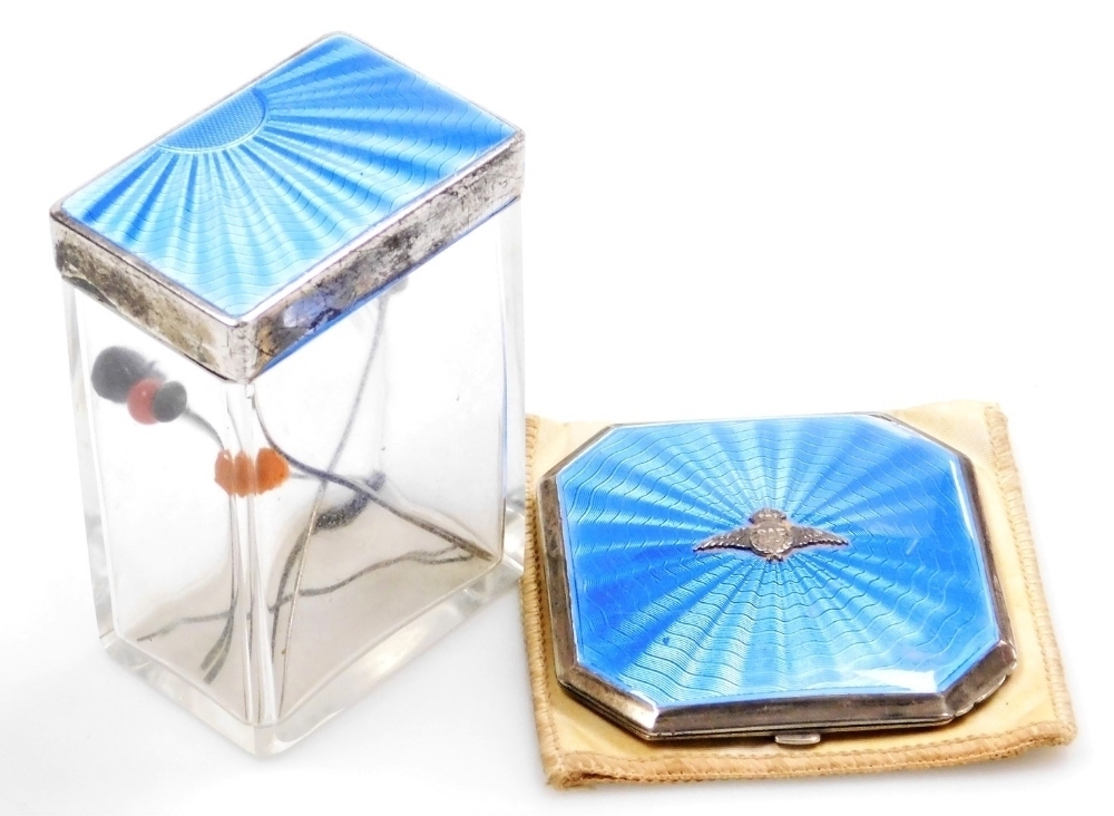 A George V silver and blue guilloche powder compact, the lid ...