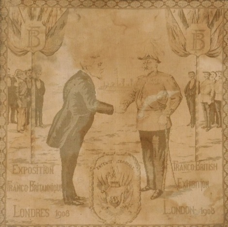 An early 20thC embroidery for the Franco British exhibition, dated 1908, depicting Edward VII and President Fallieres shaking hands before boat in calm waters, bearing crest and text, 48cm x 48cm.