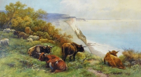 Thomas Rowden (1842-1926). Cattle grazing on cliff edge, watercolour, signed, 30cm x 52cm.