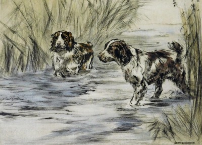 Henry Wilkinson. Two spaniels in river surrounded by reeds, limited edition signed print number 8/100, 25cm x 34cm, and after Caroline Manning, Larry: study of a spaniel, gouache on paper, signed and dated, 30cm x 41cm. (2) - 2