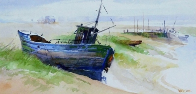 David Weston (1935-2011). Misty Light at Morston (Norfolk), watercolour, signed, 14cm x 28cm, and Steam at Totnes Devon, watercolour, signed and dated 2009, 13.5cm x 25.5cm. (2) - 4