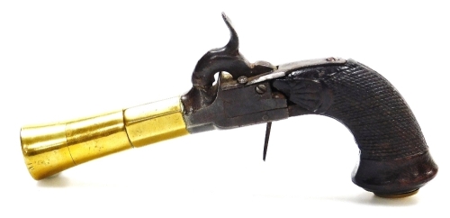 A 19thC travelling pistol, with percussion box lock, brass bell mouth, and brass patch pocket with hinged lid, with hidden trigger, unmarked, 18cm long. (AF)