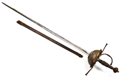 A 17thC rapier, possibly Spanish, with leaf decorated cup hilt and long slender blade, partial leather scabbard (AF), 110cm long. - 4