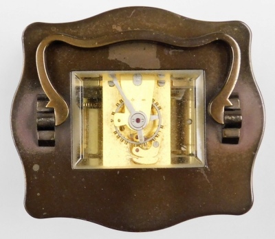 A L'Epee brass cased carriage clock, the dial inscribed L'Epee Fondee 1839, Saint Suxanne France, bearing Roman and Arabic numerals, single barrel movement, in shaped case engraved Corah Limited 1979 B. Wilcox, with carrying handle, 11cm high. - 3