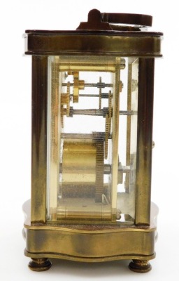 A L'Epee brass cased carriage clock, the dial inscribed L'Epee Fondee 1839, Saint Suxanne France, bearing Roman and Arabic numerals, single barrel movement, in shaped case engraved Corah Limited 1979 B. Wilcox, with carrying handle, 11cm high. - 4