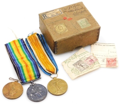 Withdrawn Pre-Sale by Vendor. Three World War I medals, comprising a War and Victory medal, awarded to Pte. H. W. Tomlin, Royal Fusilier's, with ribbons, and a Victory medal awarded to Pte. J. Hewitt, Staffordshire Regiment, etc. (a quantity)