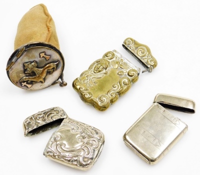 Three Vesta cases, comprising an early 20thC brass case with embossed scroll decoration and figure head of a lady with flowing hair, and two silver plated examples, one engraved WJ From WN 26th July 1877, and a powder case with plated lid with applied erm - 2