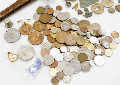 A group of archaeological finds, to include part of a French bayonet, token, other pieces of etched metalware, various World and GB coins, oxidised ring, etc. (1 box) - 3