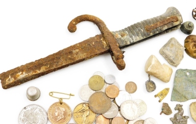 A group of archaeological finds, to include part of a French bayonet, token, other pieces of etched metalware, various World and GB coins, oxidised ring, etc. (1 box) - 4