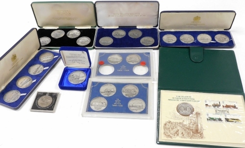 Four History of the Railways medal sets, a Railway sesquicentennial medallic first day cover, commemorative coins, other History of the Railway part coin sets, some with certificates, etc. (1 tray)