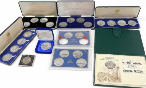 Four History of the Railways medal sets, a Railway sesquicentennial medallic first day cover, commemorative coins, other History of the Railway part coin sets, some with certificates, etc. (1 tray)