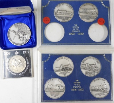 Four History of the Railways medal sets, a Railway sesquicentennial medallic first day cover, commemorative coins, other History of the Railway part coin sets, some with certificates, etc. (1 tray) - 2