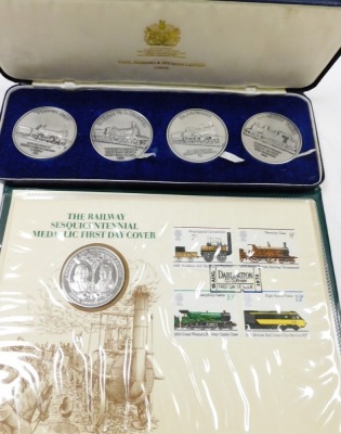 Four History of the Railways medal sets, a Railway sesquicentennial medallic first day cover, commemorative coins, other History of the Railway part coin sets, some with certificates, etc. (1 tray) - 5