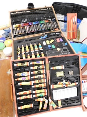 Artist related materials, to include Pip Seymour acrylic colours, paint pallet, Crimson and Blake colouring pencil and wax crayon set, various Crimson and Blake oil paints, canvases, paintbrushes, metallic gold finish spray can paint, Indian ink, acrylic - 2