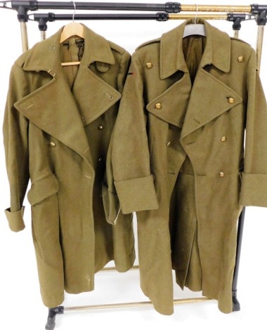 Two World War II British officer's great coats, Royal Artillery and Royal Indian Army, size unknown.