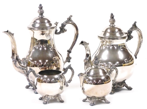 An FB Rogers USA silver plated four piece tea and coffee service, of rococo baluster form, comprising teapot, coffee pot, cream jug and sucrier, impressed marks.