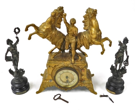 A late 19thC gilt spelter mantel clock, circular metal dial bearing Arabic numerals, French movement, the case of floral and leaf moulded form, surmounted with a pair of Marly horses and handler, with key, 40cm high, together with a pair of spelter figure