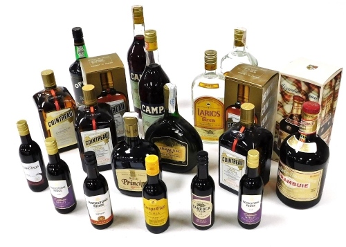 Alcohol, including two bottles of Lariso dry gin, Duc de Cantiran armagnac, Drambuie, Quattro, Offey ruby port, Campari, and small bottles of wine. (a quantity)