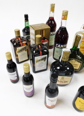 Alcohol, including two bottles of Lariso dry gin, Duc de Cantiran armagnac, Drambuie, Quattro, Offey ruby port, Campari, and small bottles of wine. (a quantity) - 2