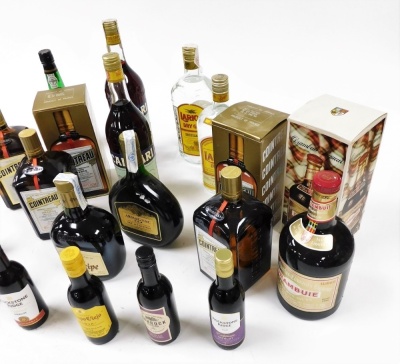 Alcohol, including two bottles of Lariso dry gin, Duc de Cantiran armagnac, Drambuie, Quattro, Offey ruby port, Campari, and small bottles of wine. (a quantity) - 3