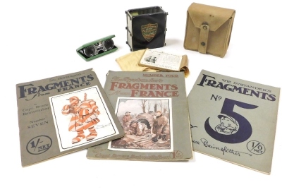 Captain Bruce Bairnsfather, The Bystander's Fragments From France, numbers 4, 5 and 7, together with a World War One F Duerr & Sons The Lifeguard Pocket Periscope, with canvas bag, named to Captain B C Tompson, Lincolnshire Regiment, and a pair of Japanes